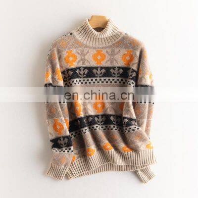 Women Casual Turtle Neck Jacquard Cashmere Print Thick Pullover Sweater