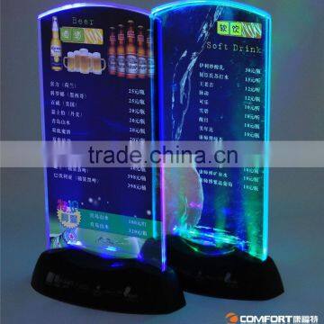 Customized vertical double sided stand up clear LED table tent menu holder manufacturer