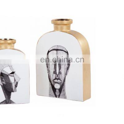 Modern Nordic Light Luxury Tabletop Golden Silver Portrait Head White Ceramic Home Decoration Flower Vase