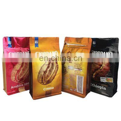 Metallic flat bottom plastic coffee pouches 500g tie tin coffee packaging bag with valve and zipper