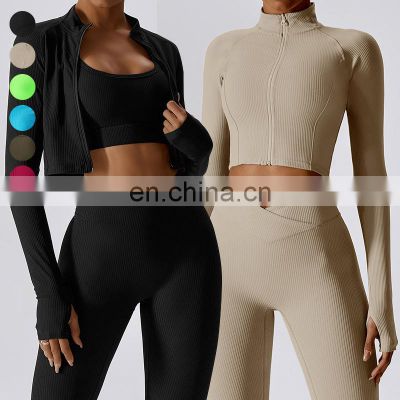 Quick-Drying Long-Sleeved Crop Yoga Jacket Workout Wear Women Zipper Jacket Slim Fit Gym Fitness Ribbed Short Yoga Jackets