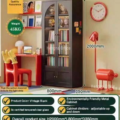 Vintage Metal Glass Bookcase With Curved Glass Door for Study Room | 3C Certified Tempered Glass & Adjustable Shelves photo-2