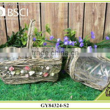 Willow/birch bark handmade flower basket with handle for gardening Decoration