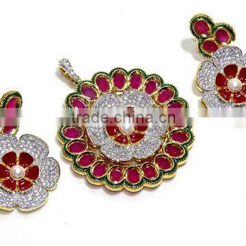 Gold Finish Ethnic Zerconia Ruby Pendant & Earring Jewelry design with Meenakari (Enamal) . 22 K Gold Plated Jewellery