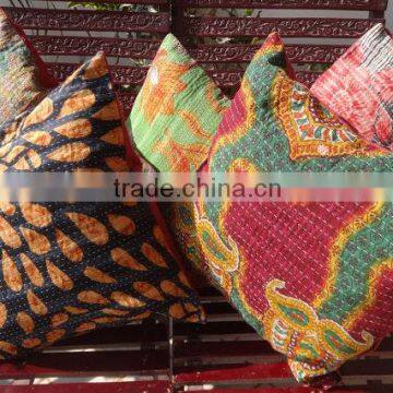 Handmade vintage kantha cushion cover set made from old fabric , Cotton pillow covers with kantha work, bohemian