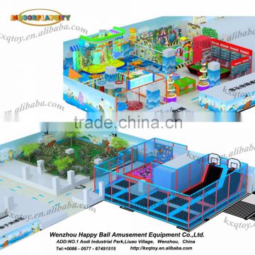 Plastic material 2016 kids games soft indoor playground with trampoline park,foam pit ,CS battle and diy area