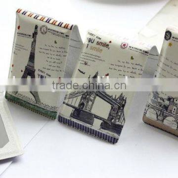 2015 newly beautiful building leather compact mirror with card holder for wholesale,MA341