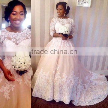 (MY2002) China Custom Made See Through Bridal Gown Lace Appliqued A-line Wedding Dress Three-quarter Sleeves