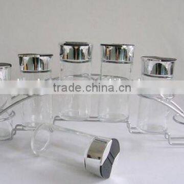 wholesale set of 6pcs glass spice jar bottle set with metal stand