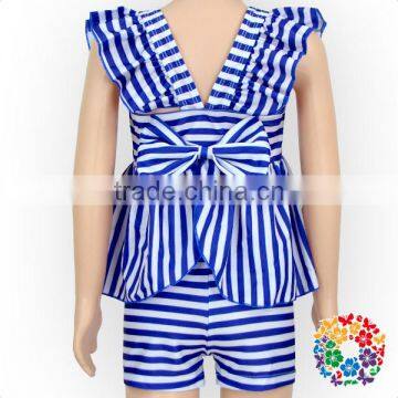 Blue White Stripe Flutter Sleeveless Baby Clothes Summer Outfit Girls Summer Boutique Outfits photo-2