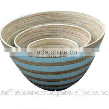 Set of 3 striped blue colored lacquer bamboo salad bowls