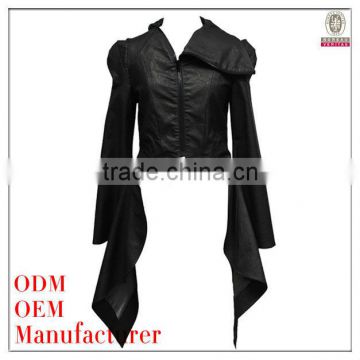 Special Deisgn Cool Style Long Flared Side Neck Design Black Leather Jacket for Women