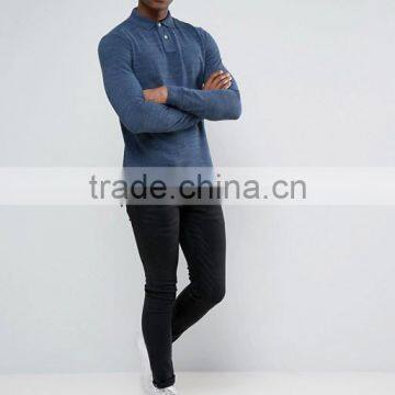 Custom Logo Long Sleeve Uneven Vented Hem Button Placket Navy Men's 100% Cotton Pique 200gsm Casual Slim Fit Sport Polo Tshirt photo-4