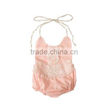 Wholesale fashion 100%cotton solid color Fringing String Romper for baby girls