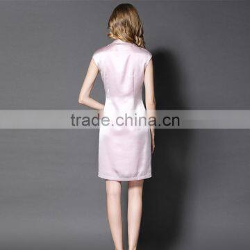 Maxnegio Notch Lapel Pink Color Cap Sleeve Office Dress photo-2
