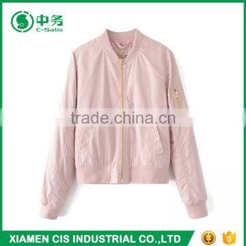 New Arrival Fashion Pure Color 100% Polyester Slim Fit Ladies Pink Bomber Jacket