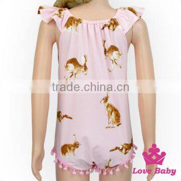 2LLY-097 Lovebaby Wholesale Rabbits Print Girls Easter Day Romper Stylish Pom Pom Jumpsuit Puffy Nice Baby Cheap Jumpsuit