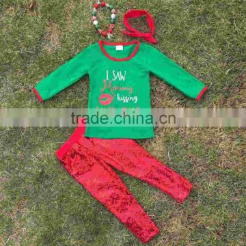 Christmas suit girls clothes Xmas Mommy kissing Santa Claus clothing baby kids wear red pant sets with matching accessories