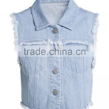 Ladies Button-up 100% Cotton Washed Distressed Jeans Vest photo-2
