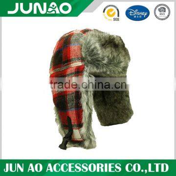 Snow ski wool buffaro check rabbit fur aviator winter trapper hat with ear flaps