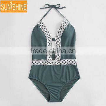 Sexy Bikini Manufacturers Deep V Mesh Insert Bikinis One-Piece Halter Swimwear