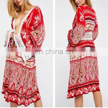 Fashion Red Print Women Cardigan Lace Long Kimono