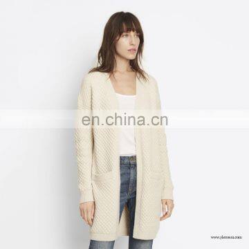 White Long open-front honeycomb Women knit cardigan