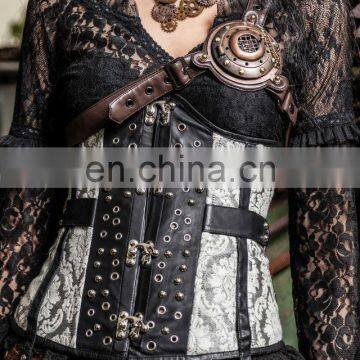 Steampunk Brocade Underbust Synthetic Leather Corset With Buckles and Studs photo-6