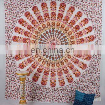 Indian Red Mandala Queen Size Cotton Ethnic Handmade Hippy Boho Psychedelic Wall Hanging, Throw Bedspread ,Tapestry , Decorative