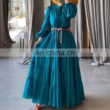TWOTWINSTYLE Bohemian Dress For Women Temperament Stand Collar Lantern Long Sleeve High Waist Sashes photo-2
