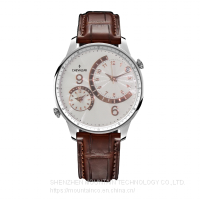 Stainless Steel Case Fashion Gift Watches Genuine Leather Dual Time Quartz Man Watch