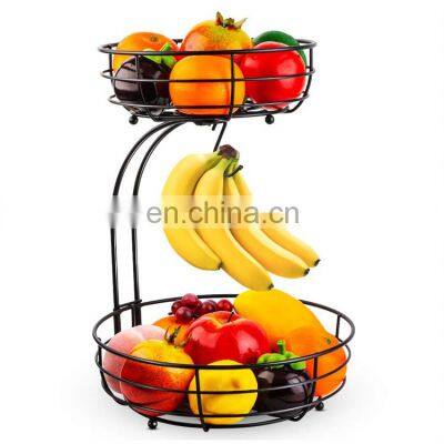 High Quality 2-Tier Black Countertop Fruit Vegetables Basket Bowl Storage With Banana Hanger