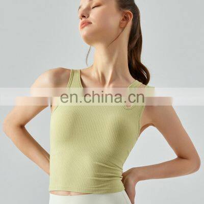 New Spring 2023 Ribbed Built In Bra Sports Crop Top Cotton Casual Sleeveless Tanks Top Hollow Out Gym Fitness Wear For Women