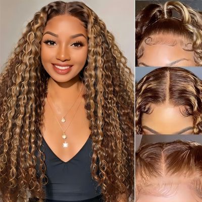 Highlight Color Wig Human Hair Kinky Curly 13x6 HD Lace Frontal Wigs Human Hair Deep Water Wave Honey Blonde 13x4 Lace Front Wig