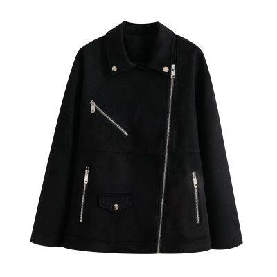 Women's Suede Texture Effect Motorcycle Style Lapel Jacket Jacket photo-3