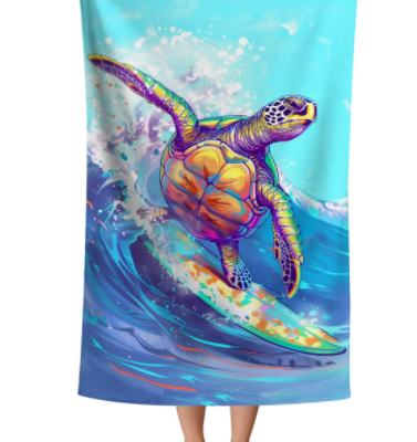 Microfiber Turtle Beach Towel Oversized, Funny Sea Turtle Surfing Blue Ocean Pool Towel, Quick Dry Animal Print