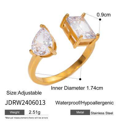 Stainless Steel Gold Plated Adjustable Zircon Open Ring Geometric Statement Ring for Women Jewelry photo-2