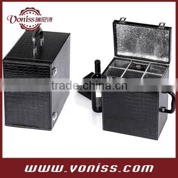 Promotional Gifts Black Wholesale Leather Wine Box for 6 Bottle With Handle, Six Bottle Wine Leather box and Carrier