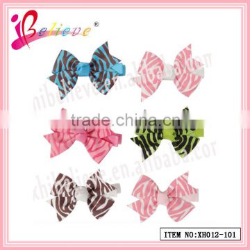 Crazy hot sale in America little girls' charming elegant ribbon bow animal stripes hair clips (XH012-101)