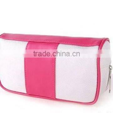 pink and white women cosmetic handbag