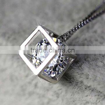 Fashion Shiny Silver Charm Costume Jewelry Square CZ Necklace Pendant