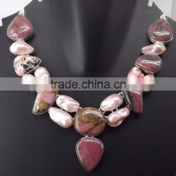 Rhodocrosite, Pink Biwa Pearl Necklace plated 925 Sterling Silver 86 Gms 18-20 Inches