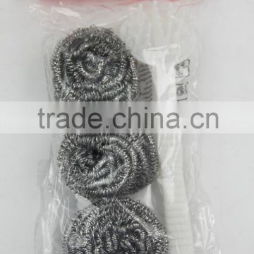 3pc spiral stainnless steel metal scourer with palstic handle scrubber