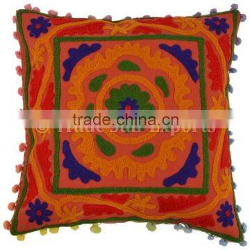 Embroidery Cushion Cover Suzani Pom Pom Pillow Cases Decorative Throw Pillow Indian Cushion Cover