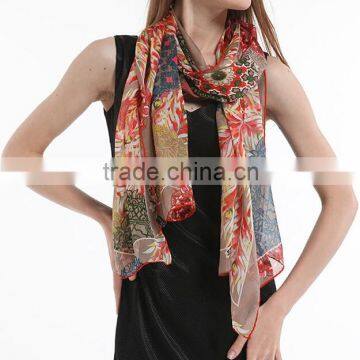 Ladies long style chevron herringbone pattern print pure silk scarf