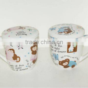 fashinable cartoon designed with lid ceramic bone china enamel mug