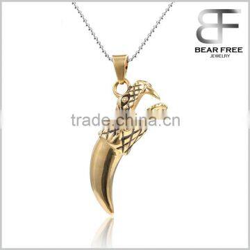 Stainless Steel Pendant Mens Necklace Snake Head Wolf Tooth Gold Plated Gothic Vintage Retro Punk