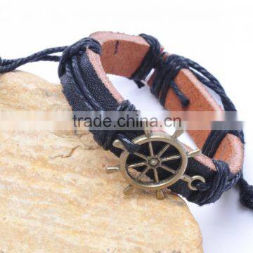 Genuine Leather Bracelet Adjustable with Antique Brass Rudder Accessory.