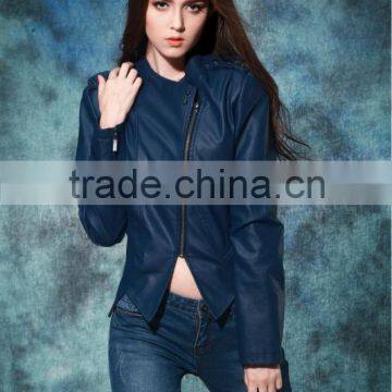 blue fashion pu leather jacket made in china for young ladies