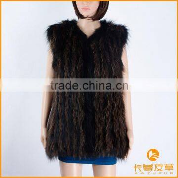 Fashion woman raccoon fur knitted long gilet,KZ150053